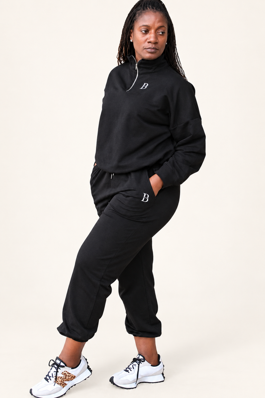 Black Cozy Jogger Set on a model against an ivory studio background